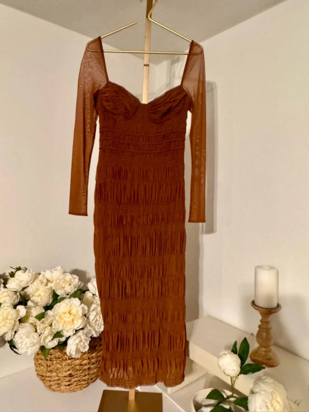 Self-Portrait Rust Brown Ruched Mesh Midi Dress - Picture 3 of 6